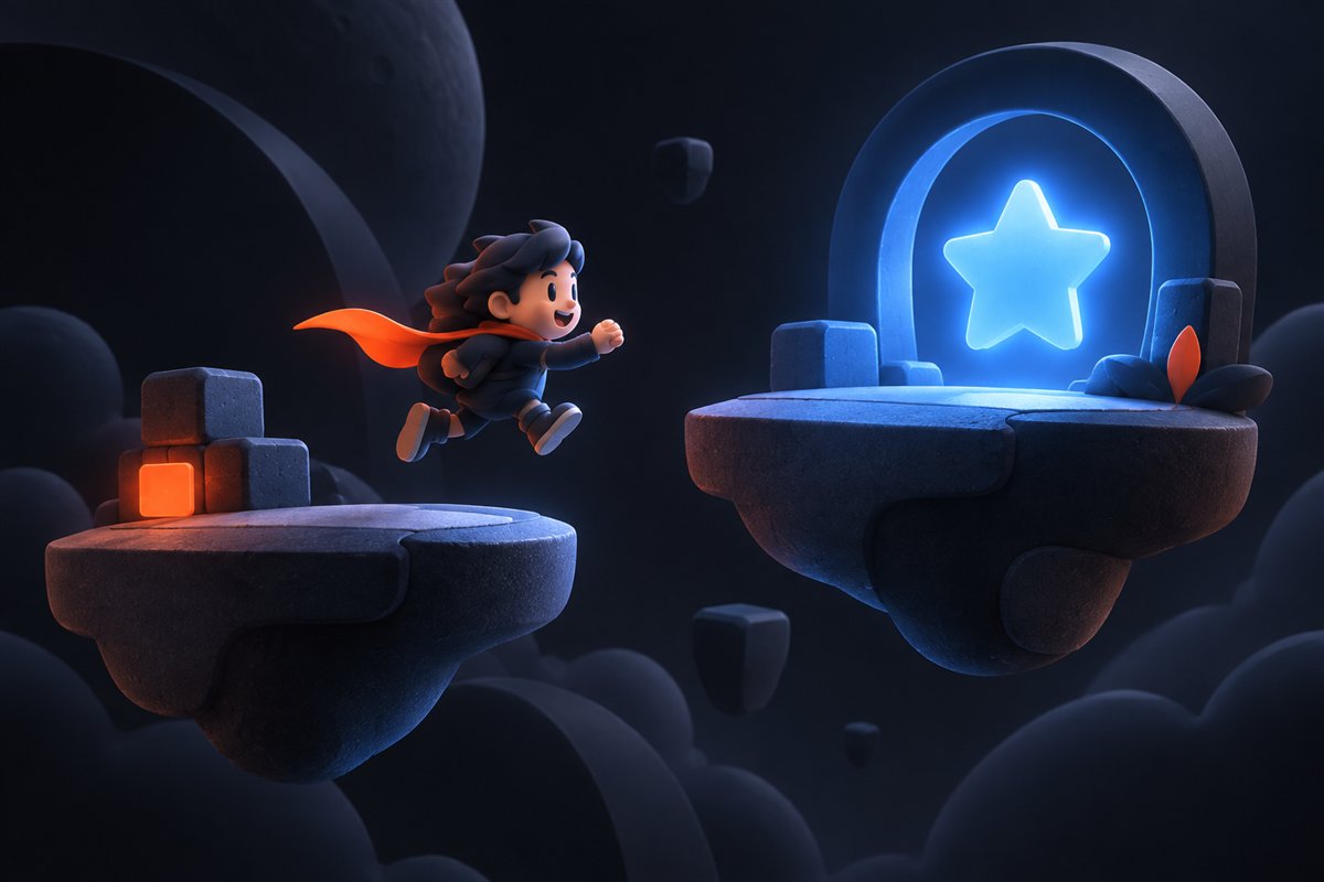 A playful game character jumping toward a glowing blue star